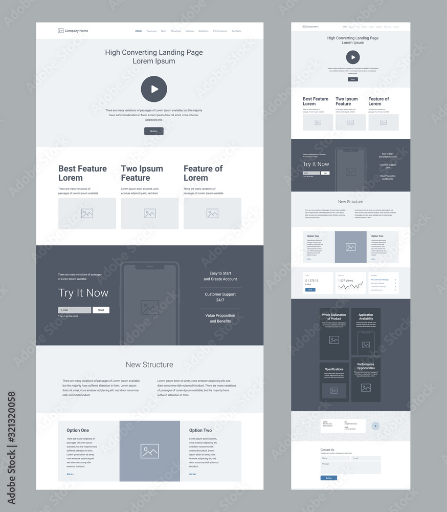 Poster landing page wireframe design for business. one page website layout template. modern responsive desi