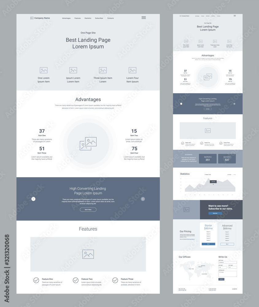 Poster landing page wireframe design for business. one page website layout template. modern responsive desi