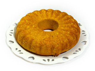 banana bread in a white plate - flat yellow oval
