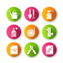 Indoor gardening tools and materials flat design long shadow glyph icons set. Garden inventory. Planting tools. Gardeners kit. Looking after domesticated plants. Silhouette RGB color illustration