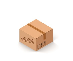 Closed parcel cardboard box isolated on white isometric vector illustration