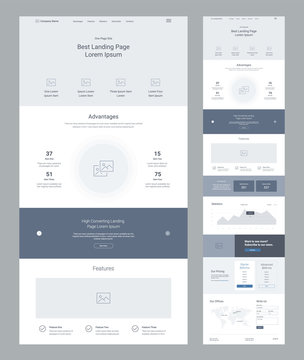 Landing page wireframe design for business. One page website layout template. Modern responsive design. Ux ui website: advantages, features, call to action, information, statistics, pricing, map.