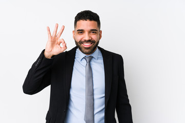 Young latin business woman against a white background isolated cheerful and confident showing ok gesture.