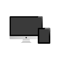 Tablet and desktop computer with black screen on a white background.