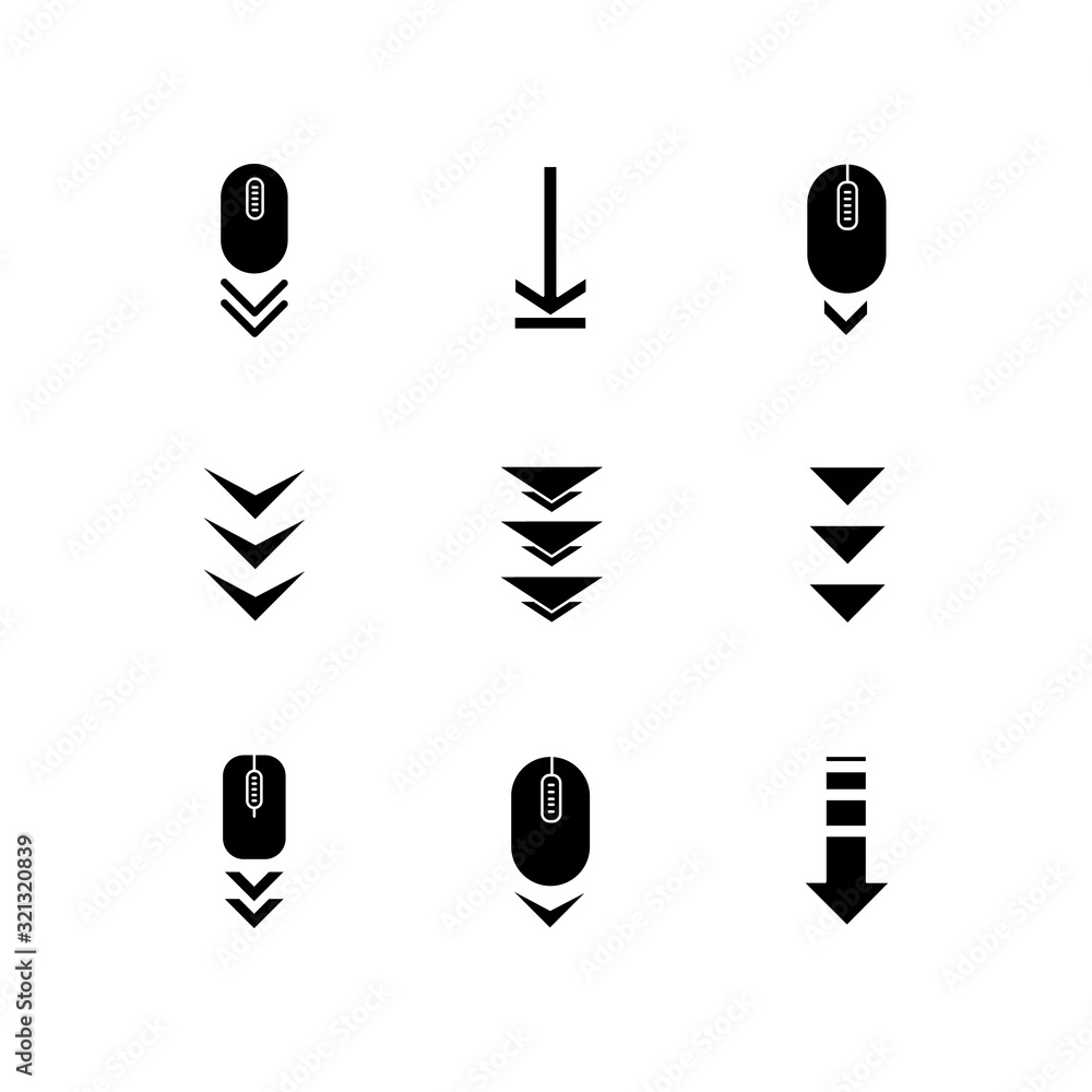 Poster scroll down buttons black glyph icons set on white space. internet page browsing and download indica