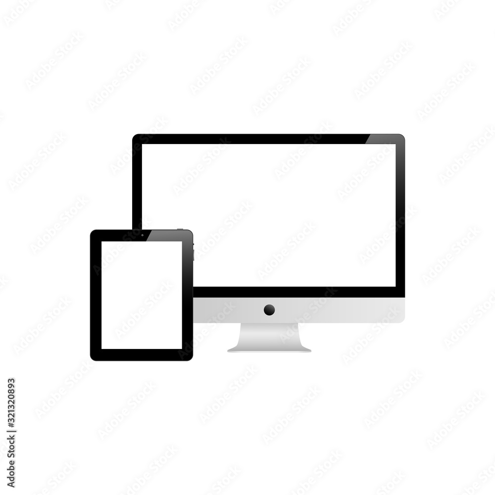 Aufkleber tablet and desktop computer with white screen on a white background.
