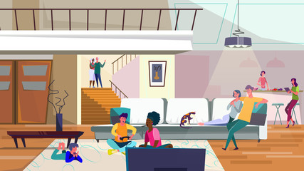 Big family at home. Kids playing video games, women cooking in kitchen, living room flat vector illustration. Home party, guests, extended family concept for banner, website design or landing web page