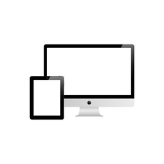 Tablet and desktop computer with white screen on a white background.