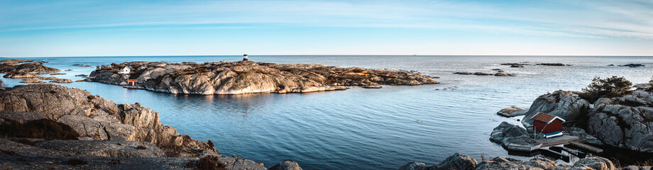 Panoramic view of  small islands of archipelago   along the coast of Southern Norway - obrazy, fototapety, plakaty