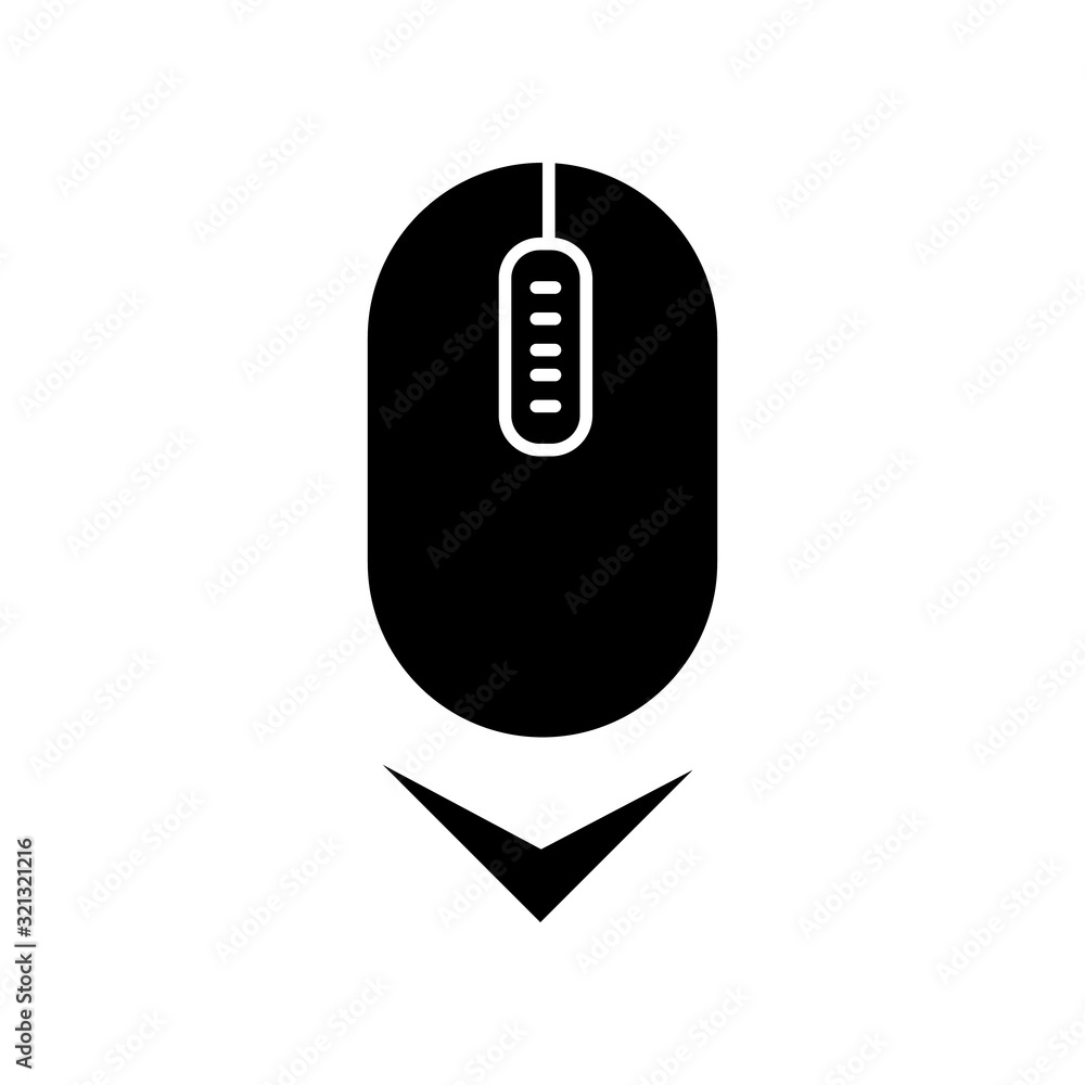 Poster scrolling mouse black glyph icon. down arrowhead indicator. internet page browsing cursor. modern co