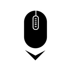 Scrolling mouse black glyph icon. Down arrowhead indicator. Internet page browsing cursor. Modern computer element. Website pointer. Silhouette symbol on white space. Vector isolated illustration