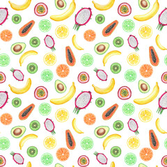Seamless pattern with yellow bananas, passion fruit, papaya, lemon, kiwi, pitahaya and lime. Cute watercolor fruits. Bright illustration of summer fruits for fabric and decor.