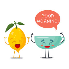 Morning Cup with lemon say in the bubble Good morning . Fun fruits with a happy greeting