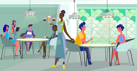 People relaxing in cafe. Waitress, drink, dating couple flat vector illustration. Restaurant, diner, business concept for banner, website design or landing web page