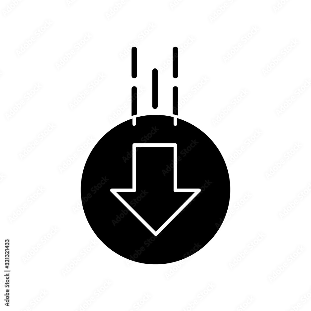 Poster down arrow in circle black glyph icon. moving arrowhead in round shape. mobile app page browsing ind