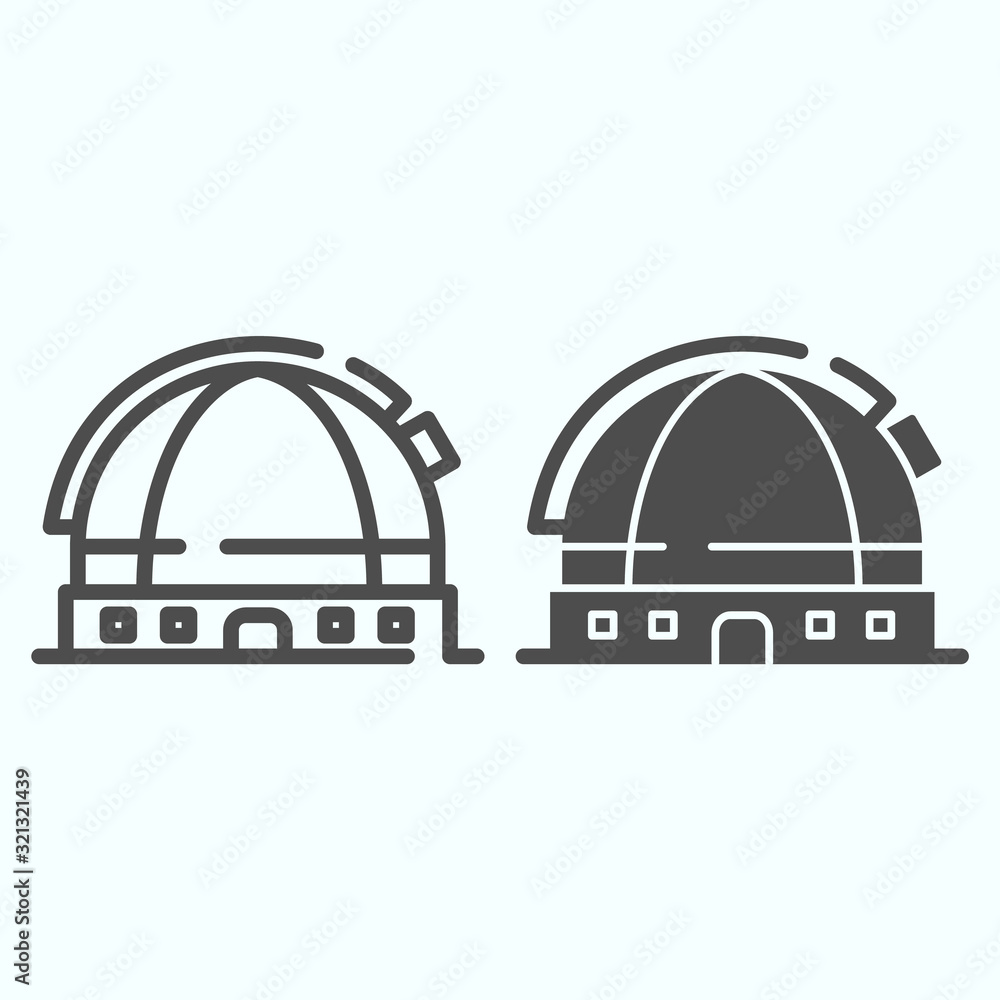 Poster observatory line and solid icon. astronomical planetarium building with dome. space exploration desi