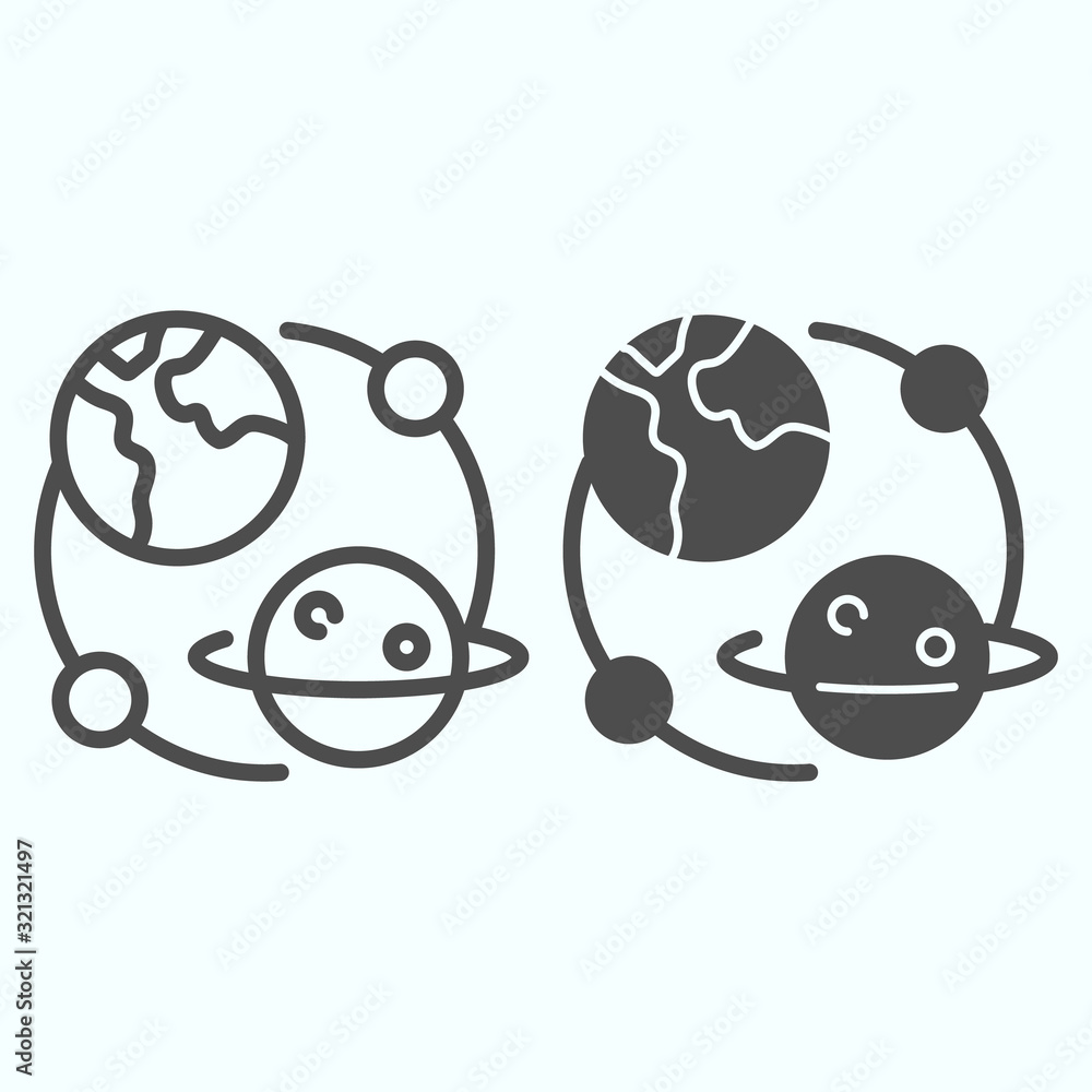 Poster planets universe line and solid icon. earth and saturn with satellites in solar system. world space 