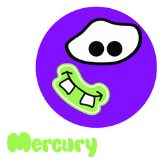 Planet Mercury with a funny face, children's illustration. Space. Suitable for the design of children's products. Isolated white. Stock illustration.