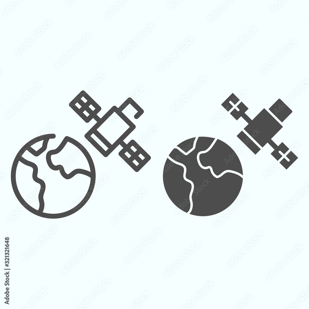 Poster satellite and earth line and solid icon. wireless system broadcasting on a planet earth. space explo