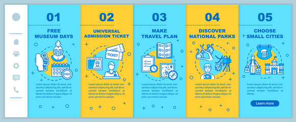 Money saving tips for travelers onboarding vector template. Affordable vacation, budget tourism. Responsive mobile website with icons. Webpage walkthrough step screens. RGB color concept