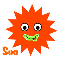 The sun with a funny face, childish illustration. Space. Suitable for the design of children's products. Isolated white. Stock illustration.