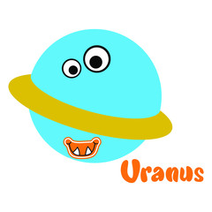 Uranus planet with a funny face, childish illustration. Space. Suitable for the design of children's products. Isolated white. Stock illustration.