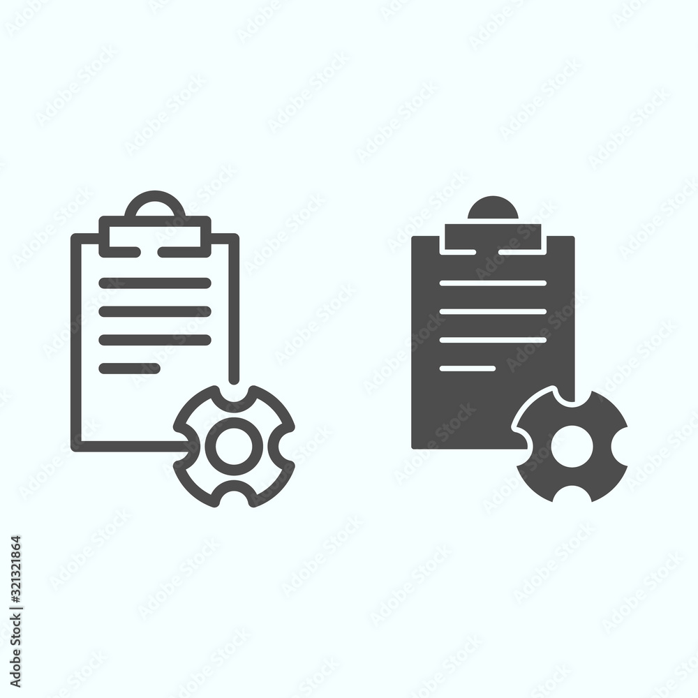 Poster technical documentation line and solid icon. instruction for astronaut with gear wheel. world space 