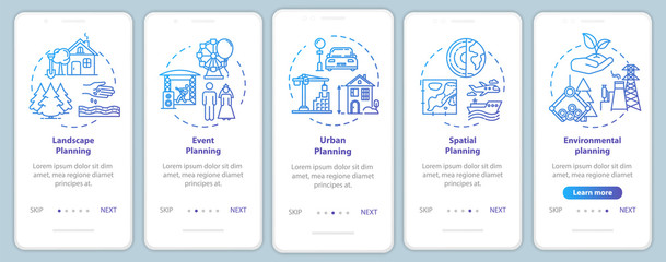 Fototapeta premium Landscape architecture onboarding mobile app page screen with concepts. Entertainment. City planning walkthrough 5 steps graphic instructions. UI vector template with RGB color illustrations