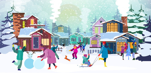 Kids and parent enjoying winter vacation. Country houses, sleighing, making snowman flat vector illustration. Outdoor activity, holiday, fun concept for banner, website design or landing web page