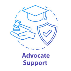 Advocate support concept icon. Legal assistance for students. Education contract. Legislation idea thin line illustration. Vector isolated outline RGB color drawing. Editable stroke