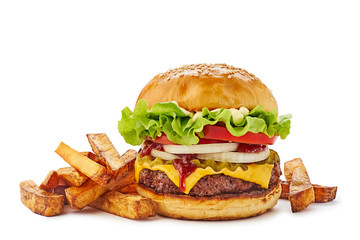 Hamburger with french fries on white - obrazy, fototapety, plakaty