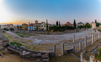 Panoramic view of the Roman Agora of Athens at sunset, Greece