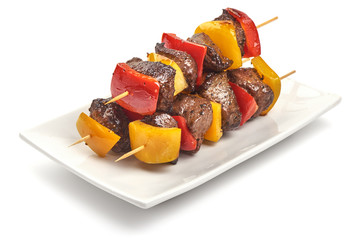 Grilled beef meat kebab, barbecue skewers, isolated on white background