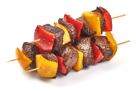 Roasted mutton skewers, BBQ kebab, isolated on white background