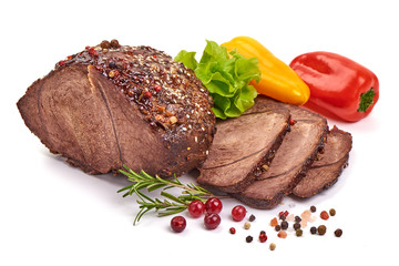 Sliced Baked pork roast, isolated on white background