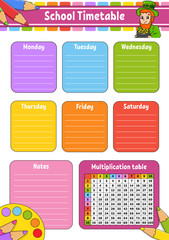 School timetable with multiplication table. For the education of children. Isolated on a white background. With a cute cartoon character.