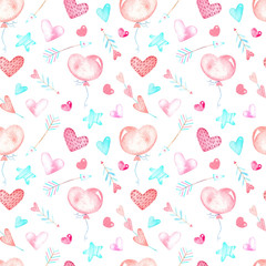 Seamless pattern, balloons, hearts and arrows, pastel colors, watercolor.
