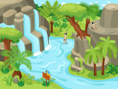 Isometric Jungle Waterfall Composition