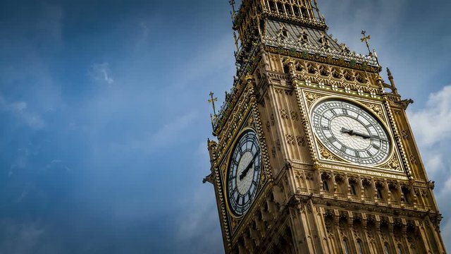 Ominous time lapse of Big Ben the ornate clock at Westminster palace of parliament on a cloudy day in London, England, UK