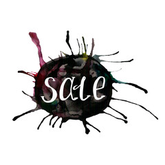 the word sale. handwritten lettering sale. poster on watercolor stain. advertising blank for the store price tag . background watercolor blurry blot of different dark colors