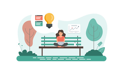 Girl sitting on the chair while working. Element collection design with business or finance concept for website development or social media advertising.