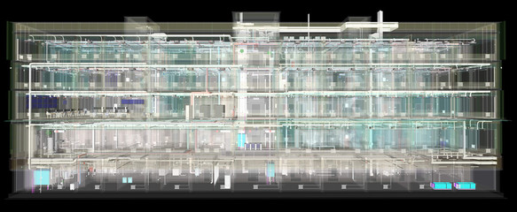 Obraz premium BIM model of an office building with transparent walls 