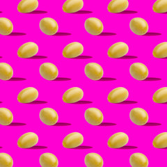 seamless food pattern with fresh green pickled olives on pink background
