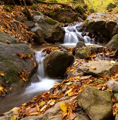 Little waterfall in the forest with leaves in autumn. long exposure.
