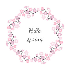 Fototapeta na wymiar Floral frame with cherry blossom with text 'Hello spring'.