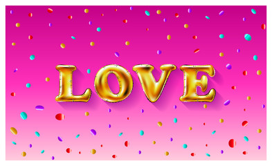 Fototapeta na wymiar Gold letter love balloons Valentines Day. I love you. Shine glossy metallic balloons background. Vector illustration EPS10