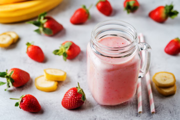 Strawberry banana smoothies in glass
