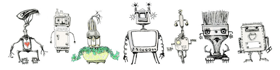 Team of robots. Vintage toys. Ink drawing.