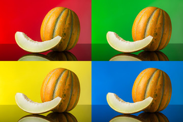 pop art. Four melons and a slice of melon with reflection on a colored background