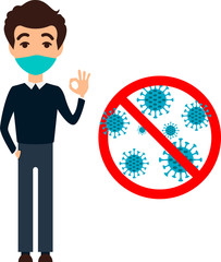 STOP corona virus. Put on a mask.  Corona virus danger and public health risk disease. Flat vector illustration. Health person with a mask. 